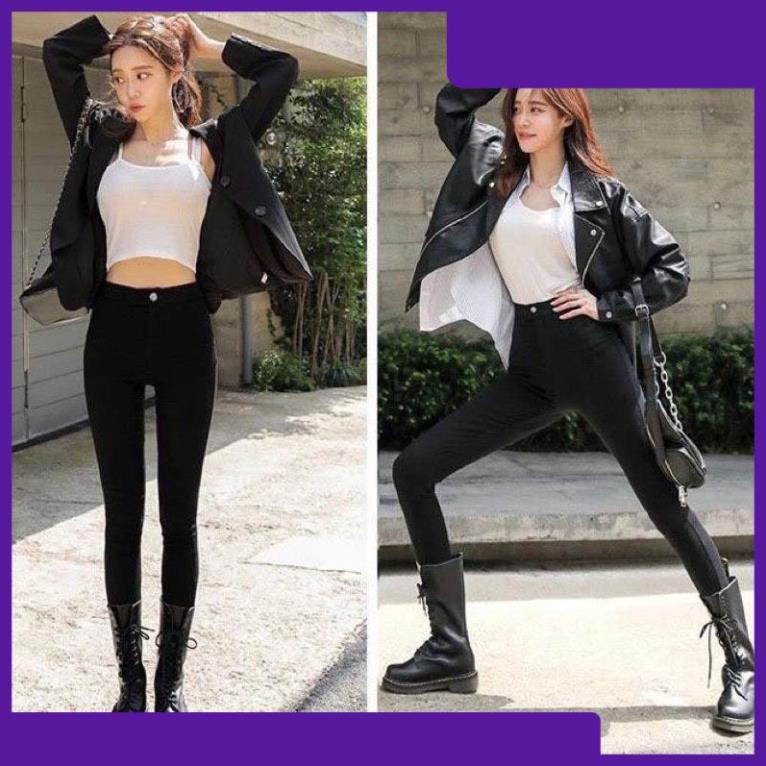 Cao Cấp Quần tregging nữ lưng cạp cao - Quần legging nữ dài dáng thun ôm bó legging skinny vải giữ nhiệt màu đen