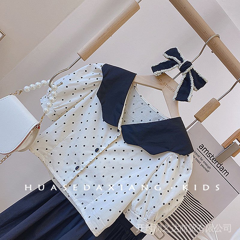 Bộ Áo Tay Phồng Họa Tiết Chấm Bi Kèm Chân Váy Phong Cách Hàn Quốc Thời Trang Mùa Hè Dành Cho Bé Gái 2022