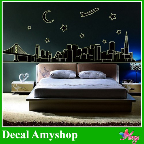 Decal dán tường Dạ quang ⚡ FREESHIP ⚡ Thành phố đêm - dán trang trí phòng ngủ Decal AmyShop