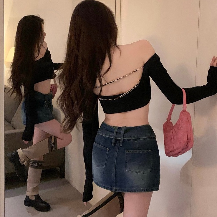 Áo thun crop top dệt kim ZHELIHANGFEI hở lưng phối dây xích trẻ trung quyến rũ thời trang cho nữ