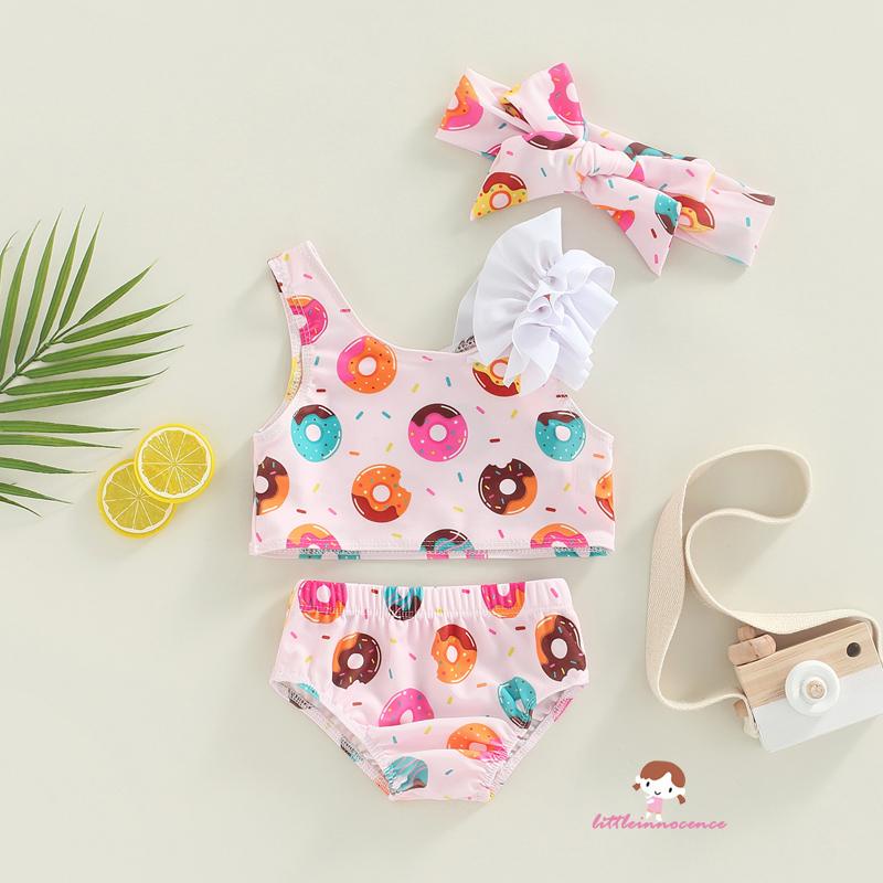Bộ Đồ Bơi Hai Mảnh Hai Dây Không Đối Xứng + Quần + Băng Đô Cài Tóc Cho Bé Gái 6 Tháng Đến 3 Tuổi