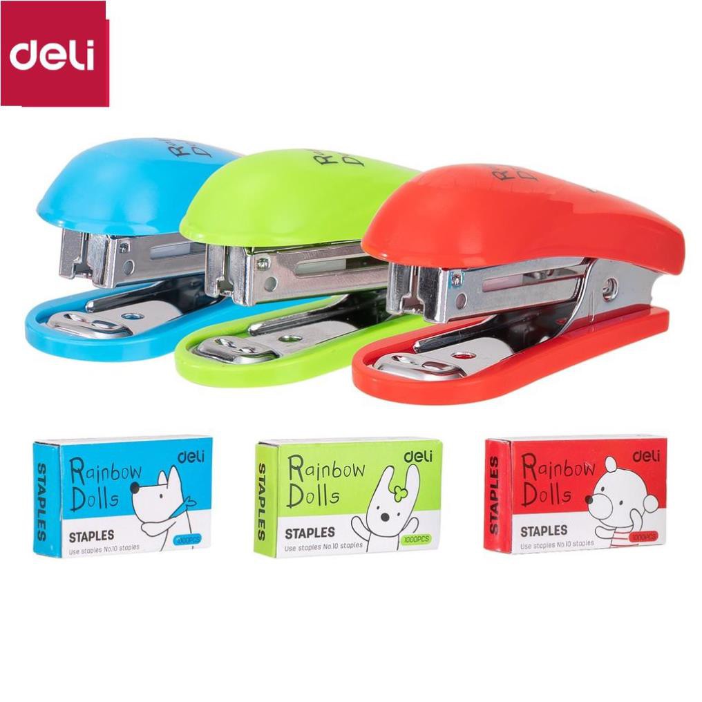 Dập ghim mini Deli, Đính kèm 1000 chiếc ghim 12 trang, Xanh, đỏ, xanh lá - 1 cái E0253 [Deli]