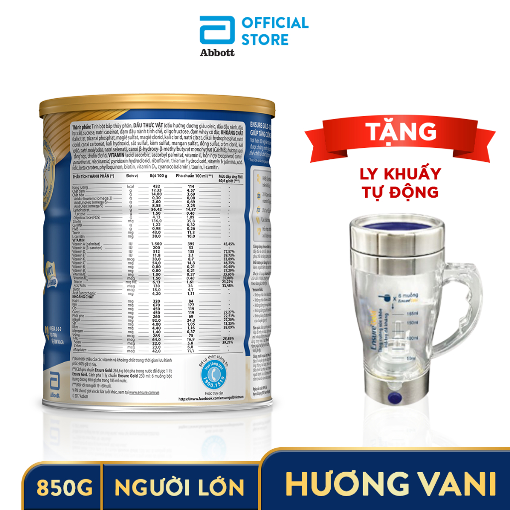 [Tặng ly khuấy tự động] Sữa bột Ensure Gold Vani (HMB) 850g