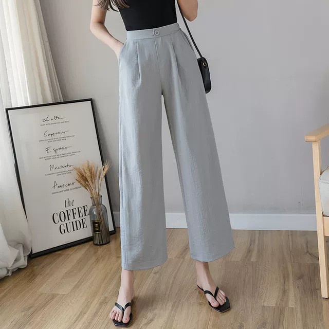 Quần đũi ống rộng kiểu dáng dài có túi cạp cao 1cúc khóa lưng thun chun màu đen be trắng Quần vải đũi mềm mặc nhà đi học