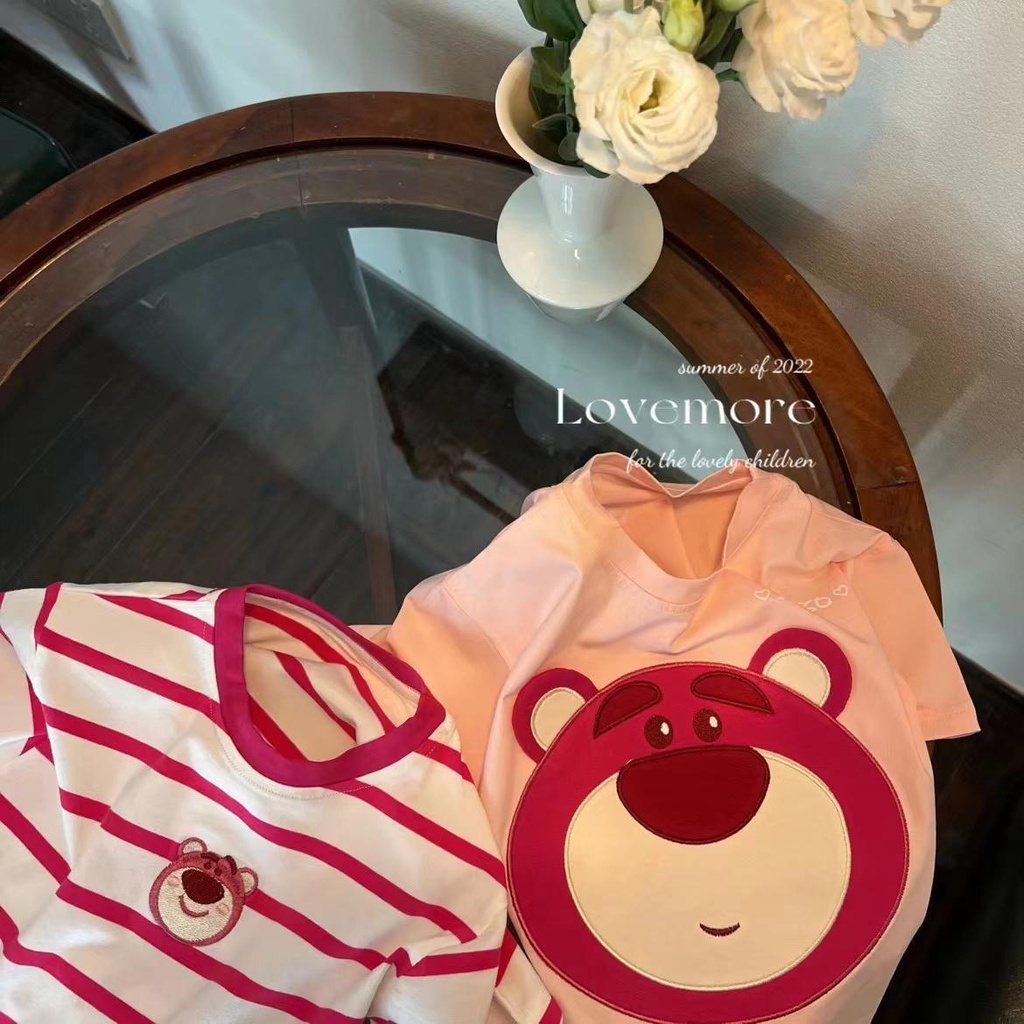 Áo Thun Cotton Tay Ngắn In Hình Gấu Và Dâu Tây Màu Hồng Thời Trang Mùa Hè Cho Bé Gái