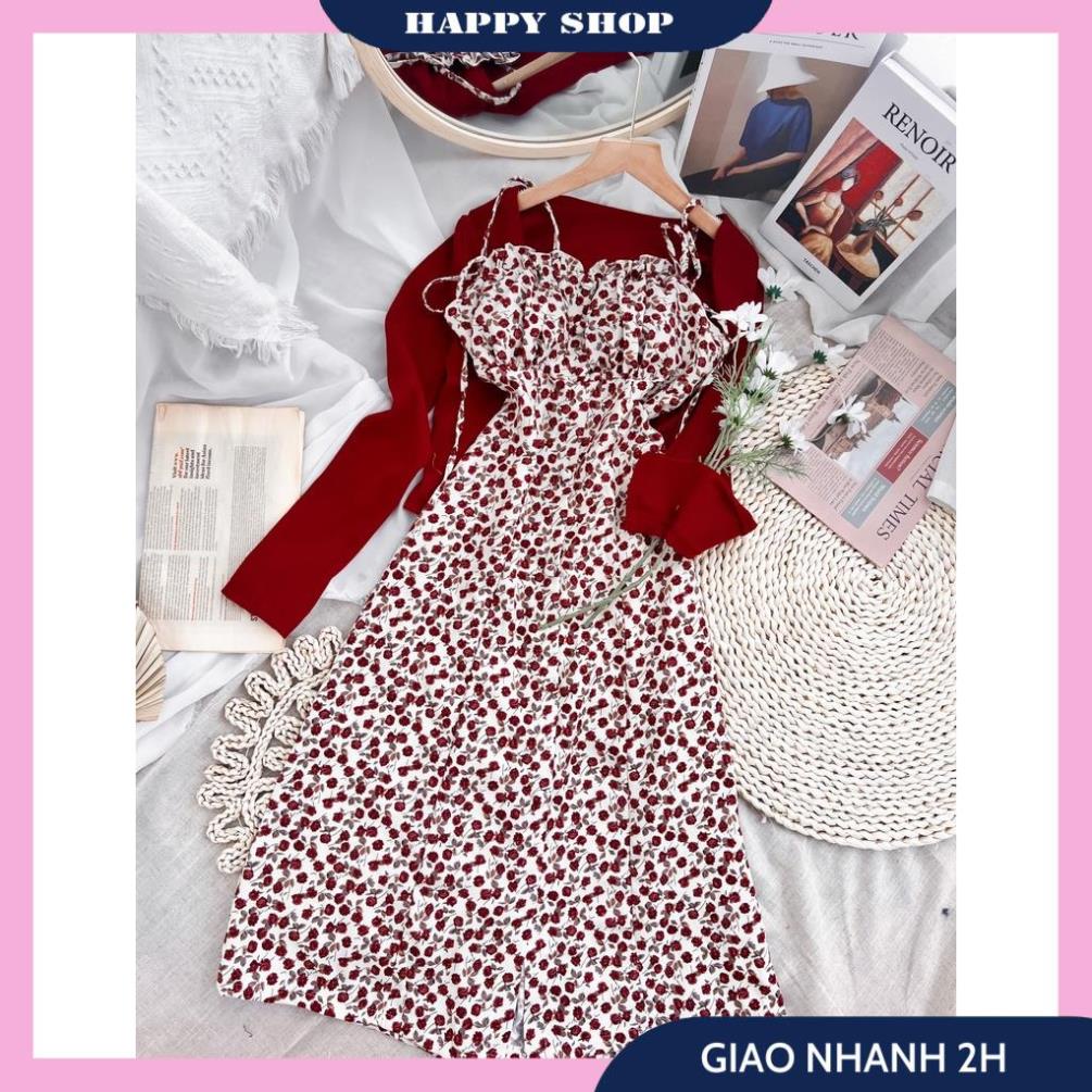 Sét Váy Nữ, Đầm 2 Dây Nữ Hoa Nhí Dáng Xòe Kèm Áo Khoác Cardigan Tay Dài Chất Liệu Cao Cấp Siêu Tôn Dáng Cực Sang Chảnh