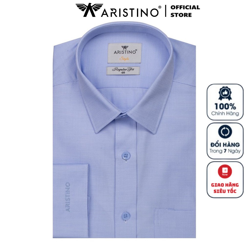 Áo Sơ Mi Nam Tay Dài Aristino ALS57708 Màu Xanh Dobby Mắt Chim Kiểu Dáng Regular Fit Chất Liệu Sợi Sồi