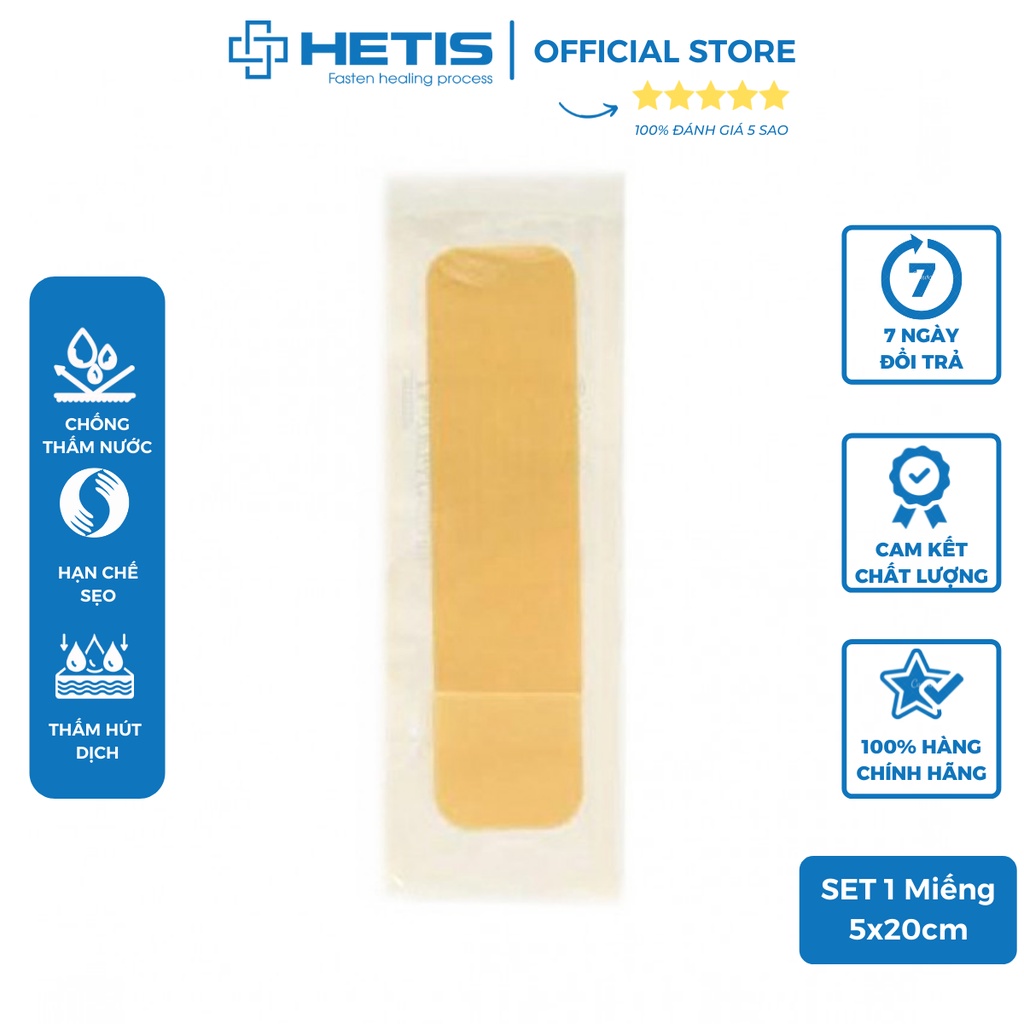 Miếng dán vết thương, vết trầy xước, vết mụn mủ, bong rộp gót chân Hetis Hydrocolloid 5x20cm (Giá 1 miếng)