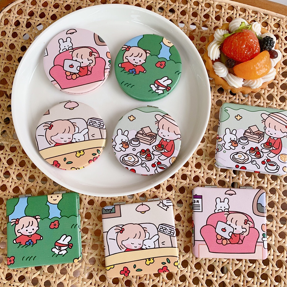Gương mini cầm tay 2 mặt bằng da nhiều mẫu dễ thương gấp gọn dễ bỏ túi