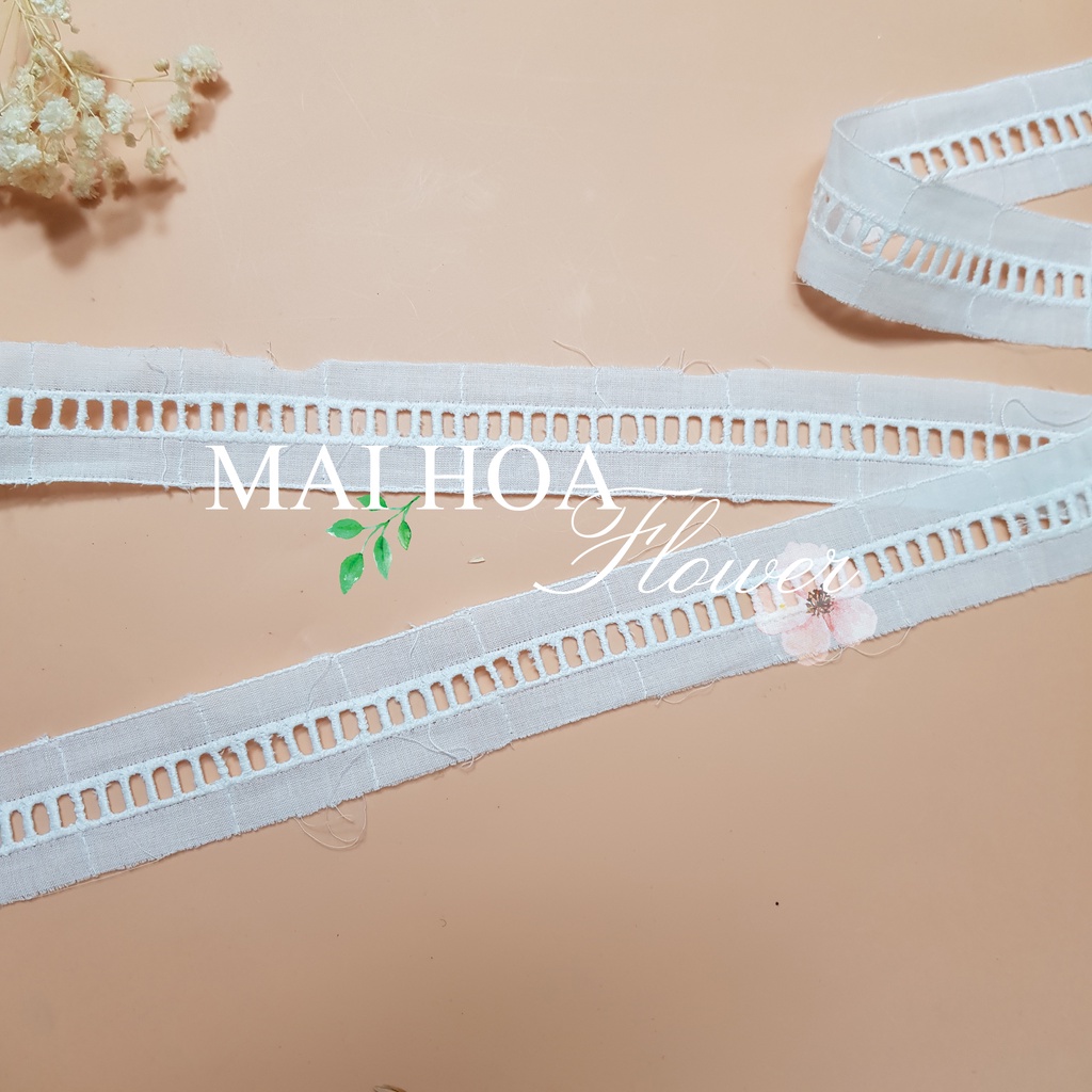 [Size 1cm] Dây ren viền trang trí quần áo chất vải thô boi trắng họa tiết bậc thang dài 13 mét rộng 1cm Maihoafabricr