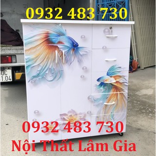 Tủ nhựa đài loan trẻ em 2 cánh 5 hộc in 3D con cá 1m25x1m06x42 Lâm Gia