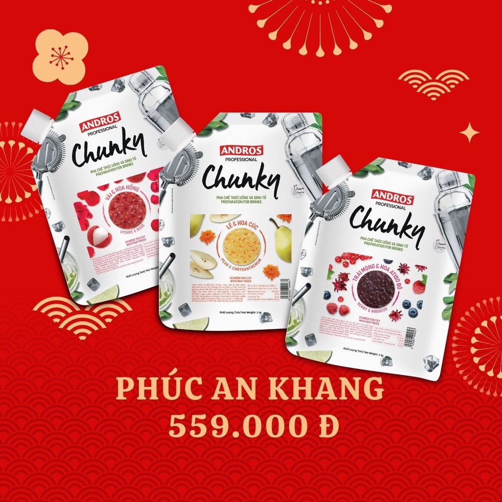 ANDROS - COMBO PHÚC AN KHANG  (Lê hoa cúc, Trái mọng hoa artiso, Vải hoa hồng) - Nguyên liệu pha chế - Túi 1kgx3