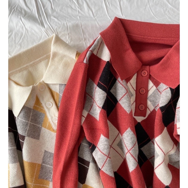 Áo len trám cổ bẻ dáng croptop