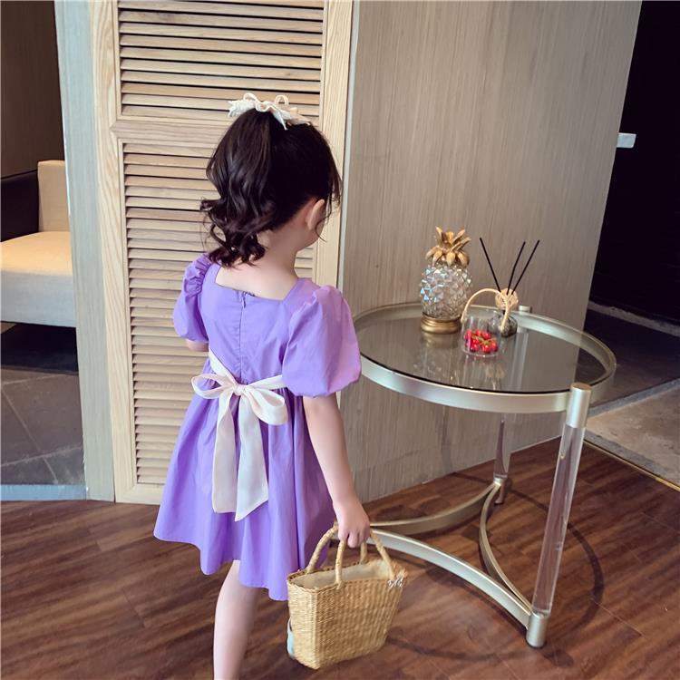 [Kacily]Quần áo bé gái 1-9 tuổi Váy lưới màu đỏ tía cho bé gái Bé gái váy ngắn tay thường đầm bé gái Váy trẻ em
