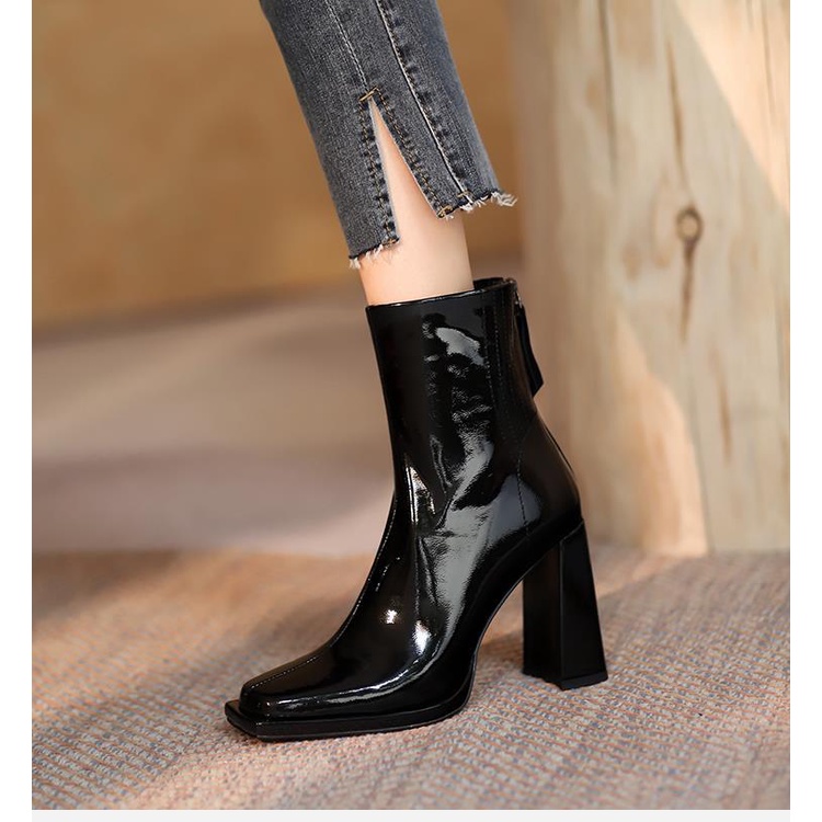 Giày Bốt Da Cao Gót Dáng Ôm Phối Khóa Kéo Sau Cá Tính Cho Nữ