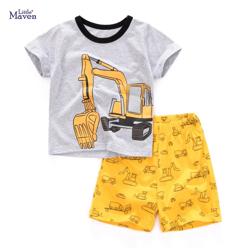 Bộ đồ thun bé trai máy múc xám phối vàng Little Maven cotton siêu mềm mịn mẫu hè 2021 1-7T(10-26kg) - Misolkids