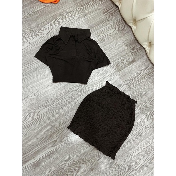 Set chân váy nhún áo có cổ
