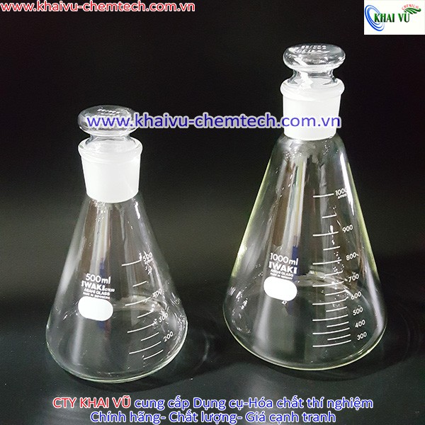 [HÃNG IWAKI - NHẬT] Bình tam giác Erlenmeyer thủy tinh chịu nhiệt 500ml 1000ml CÓ NÚT NHÁM KÈM