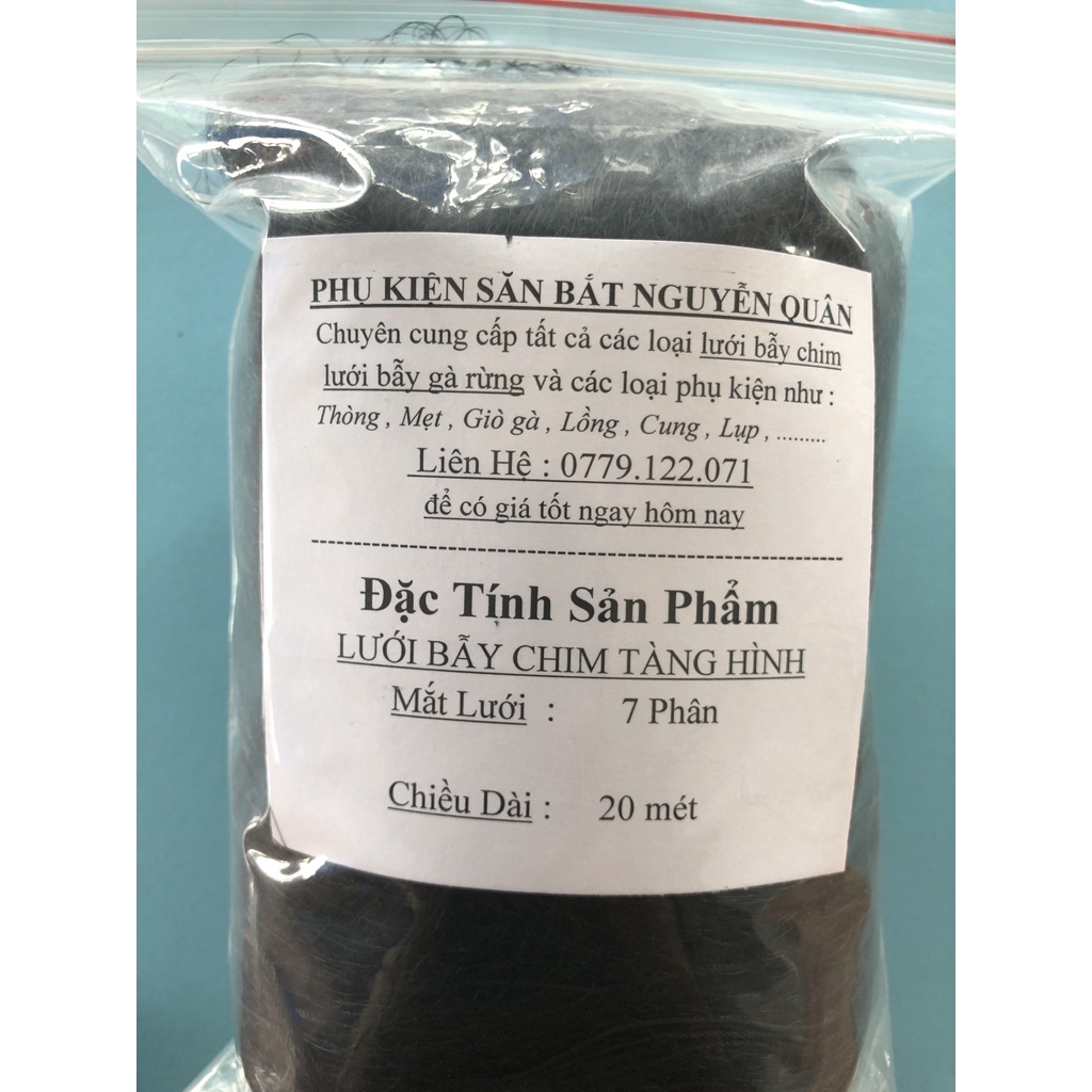 20m Lưới cước thái tàng hình  bẫy Chim Cu, Cu gáy, Trích, Cò, Chim Két, Vẹt,... mắt lỗ 7 phân, cao 5 mét, 4 dây 3 túi.