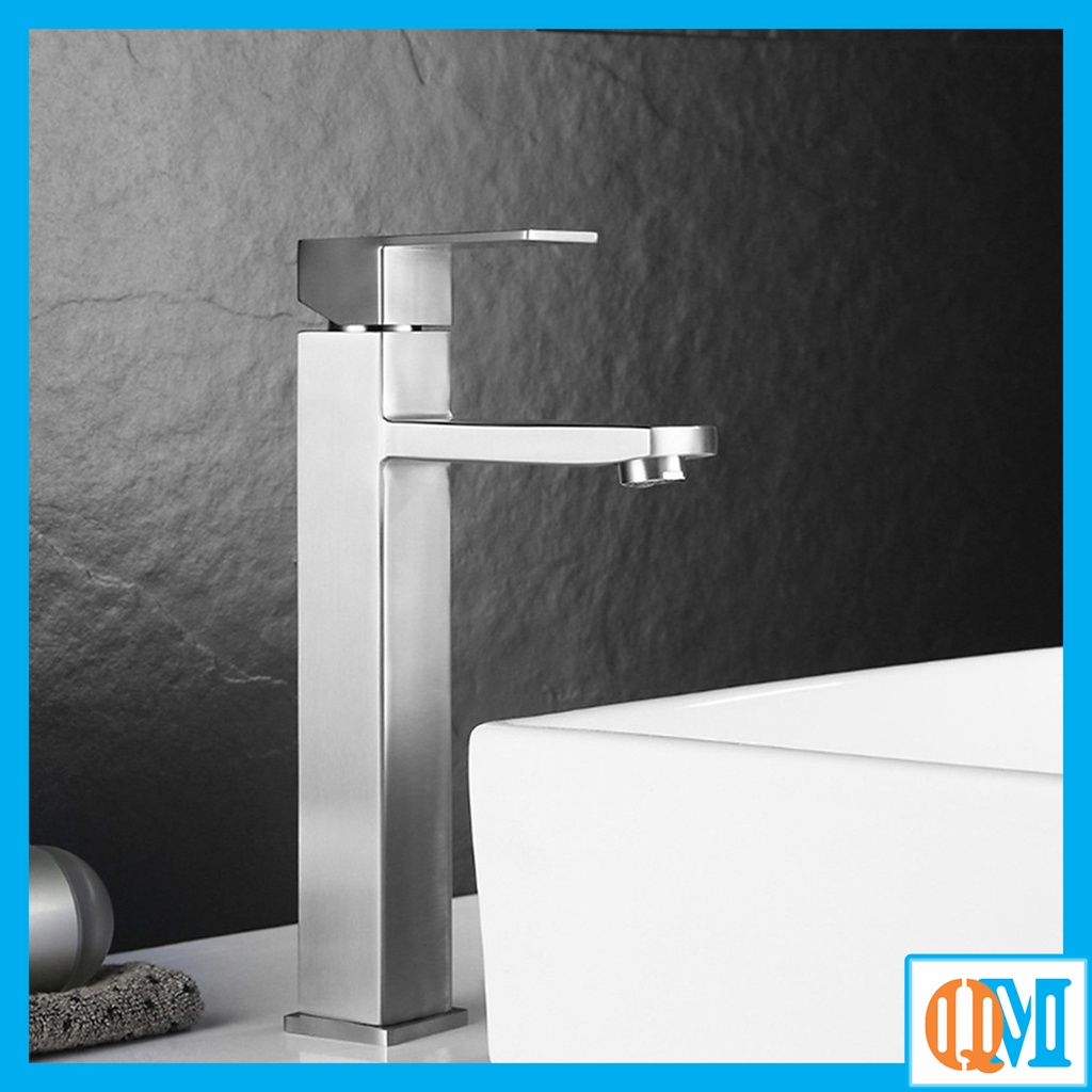 Vòi chậu rửa mặt, vòi Lavabo nóng lạnh thân vuông chất liệu Inox 304 mờ loại cao 20cm và 30cm + Tặng kèm dây cấp nước