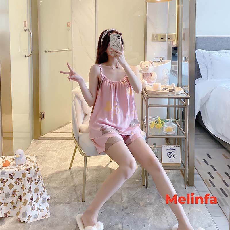 Bộ đồ ngủ nữ, bộ mặc nhà áo hai dây, quần short chất vải lanh lụa cotton,mặc mùa hè thoáng mát, bộ lanh nữ mã VABD0180