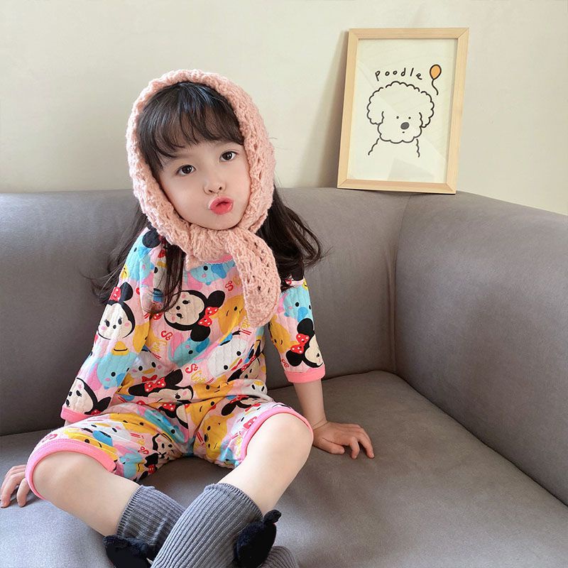 Bộ Đồ Mặc Ở Nhà Bằng Cotton Màu Trơn In Họa Tiết Hoạt Hình Dễ Thương Thời Trang Xuân Hè Cho Bé Gái