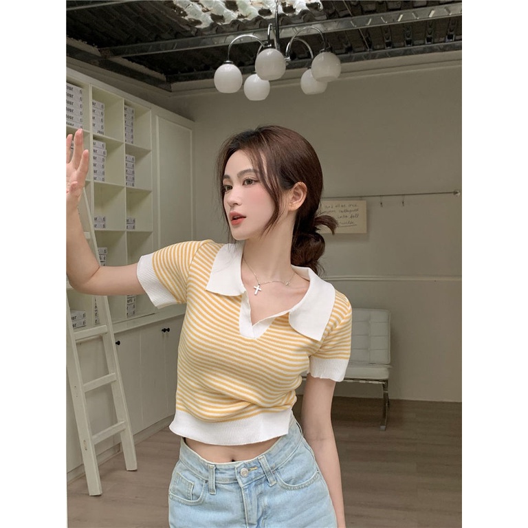 Áo polo Ngắn Tay Cổ Chữ V Họa Tiết Kẻ Sọc Thời Trang Mùa Hè Dành Cho Nữ