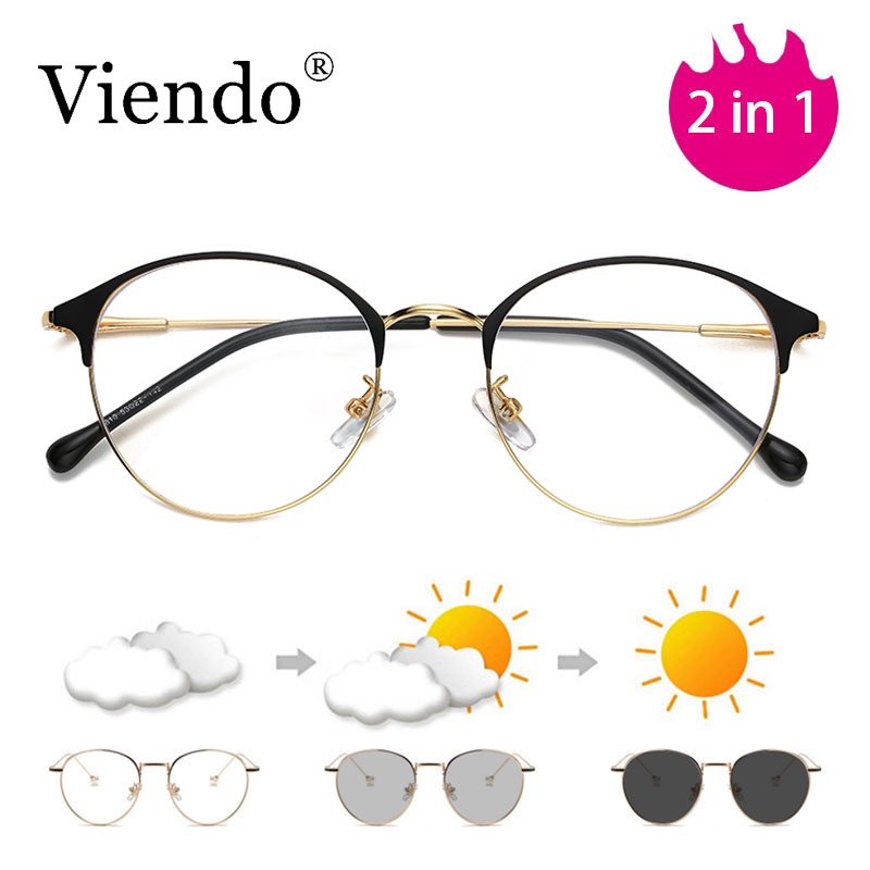 Mắt kính cận gọng kim loại VIENDO dạng tròng mắt tròn đổi màu chống ánh sáng xanh chống UV có độ 0 ~ -6.0 độ