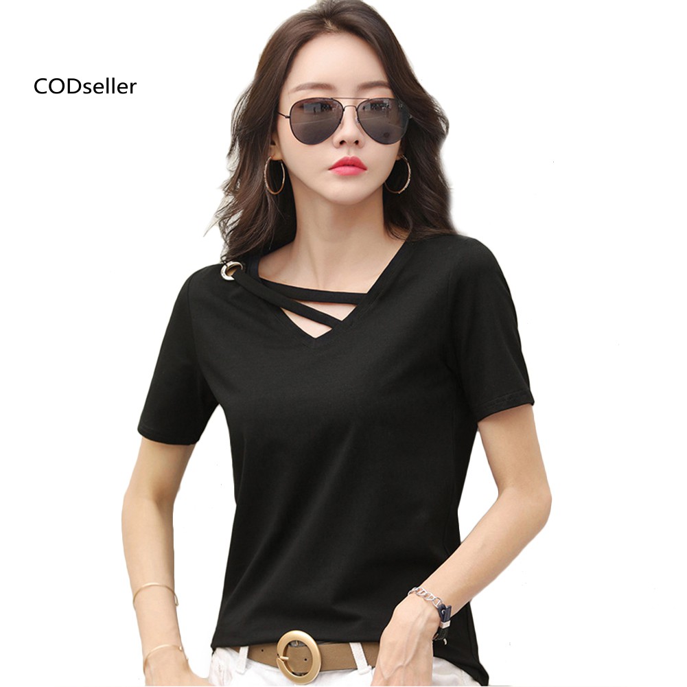 Áo thun cổ V tay ngắn màu trơn thời trang cho nữ