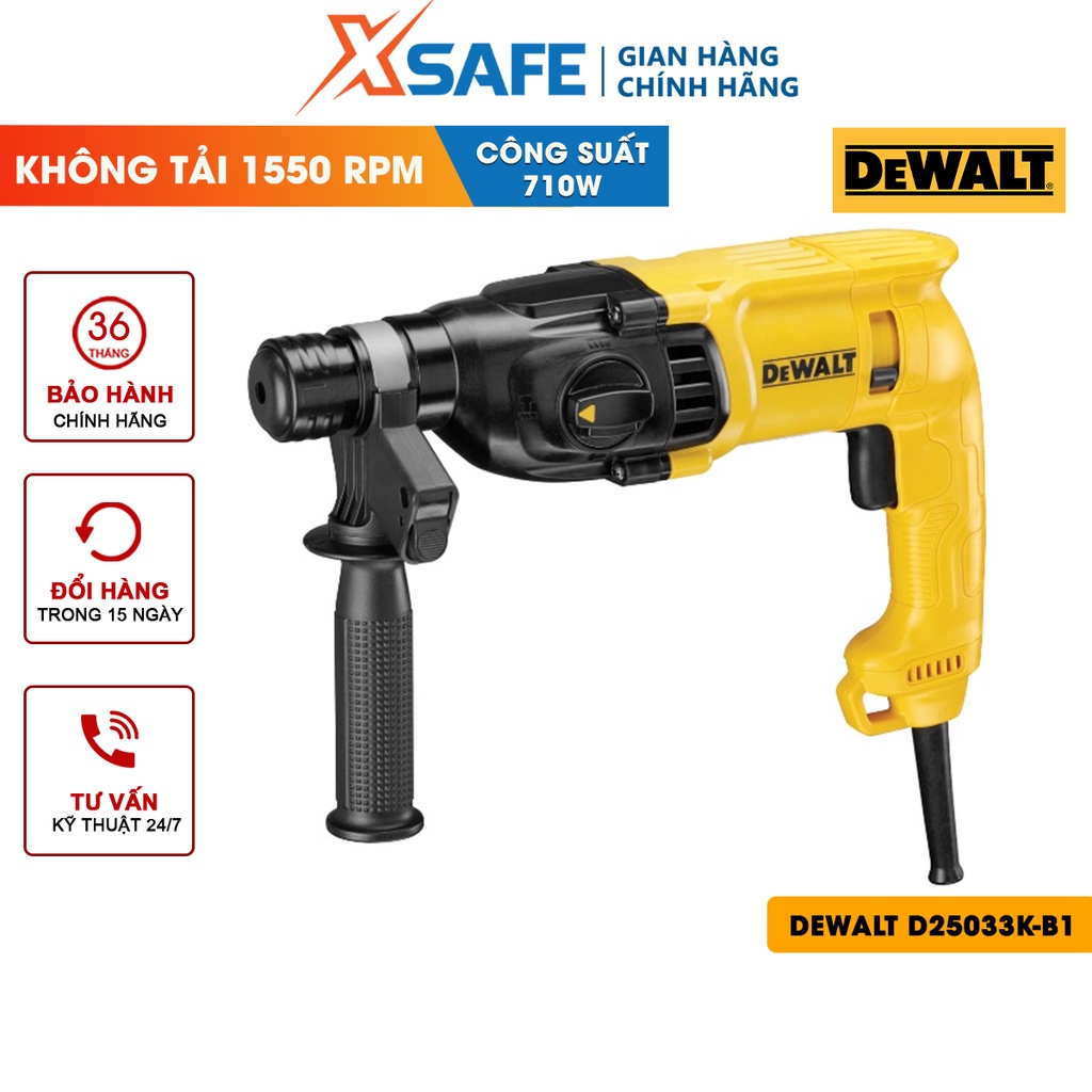 Máy khoan bê tông cầm tay DEWALT D25033K-B1 Máy khoan búa 3 chức năng Công suất 710W, tốc độ không tải 1550 v/p