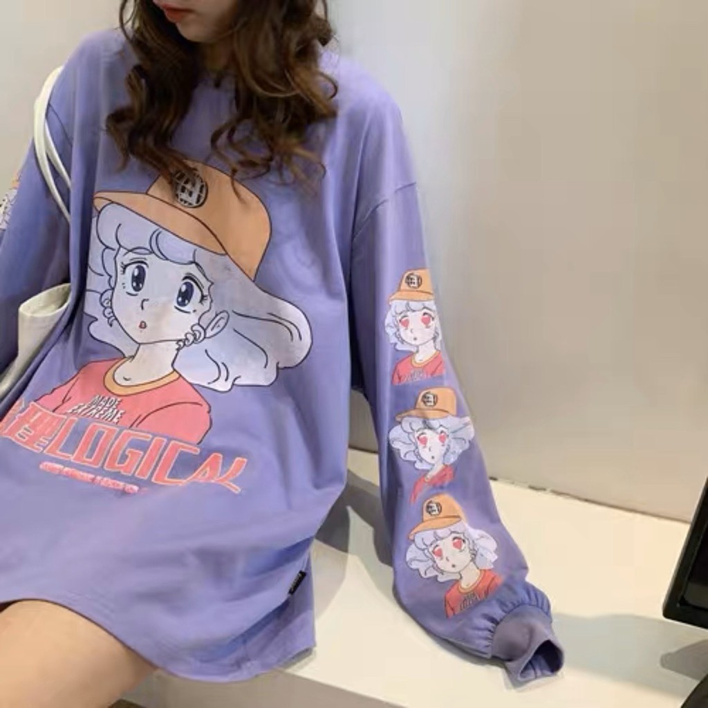 Áo phông tay dài in hình cô gái màu tím cực hot