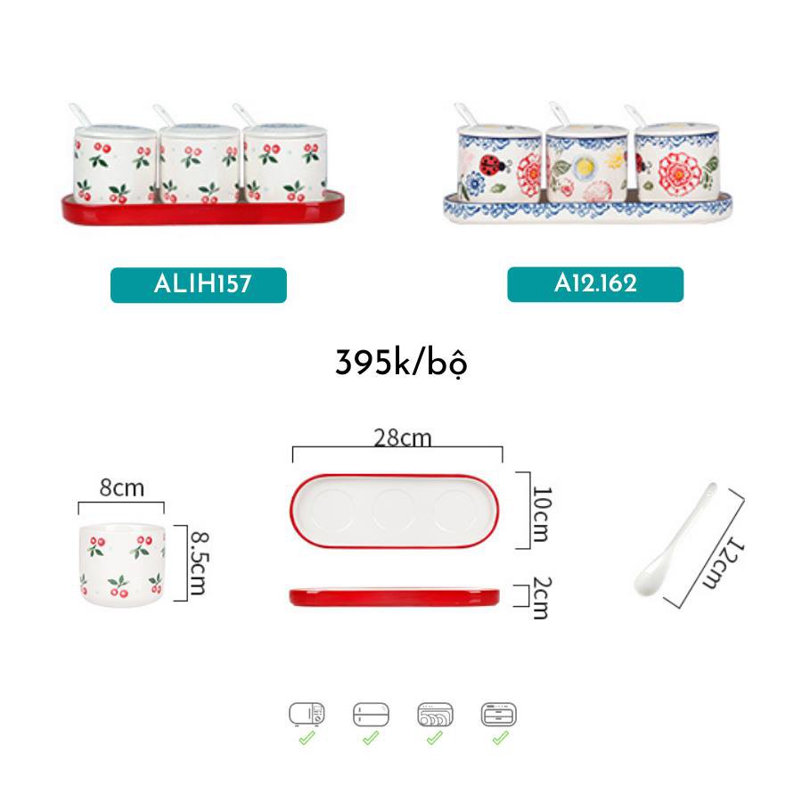 7 mẫu - Bộ đựng gia vị sứ kèm khay - đồ dùng phòng bếp và phụ kiện bàn ăn xinh xắn