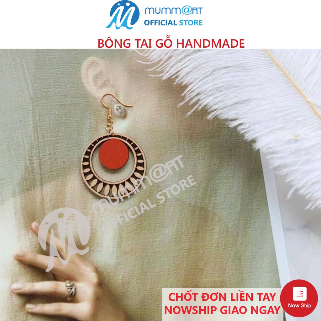 Bông tai handmade phong cách vintage, hình tròn, tam giác, chữ nhật bằng gỗ - Mummart