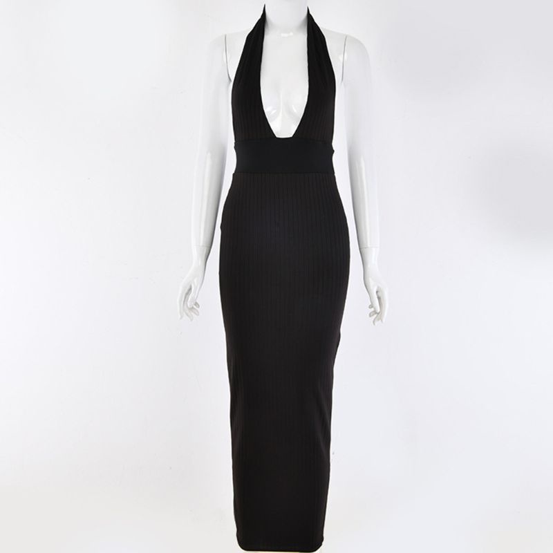 Xiangbao Đầm Maxi Bút Chì Dệt Kim Cổ Chữ V Khoét Sâu Hở Lưng Có Gân Gợi Cảm Cho Nữ