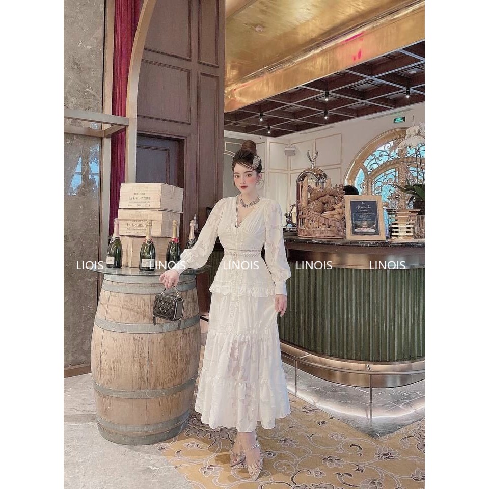 [RL09] ﻿Đầm Maxi Tay Dài Phồng Vai Cổ V Viền Ren Bo Eo Đuôi Xòe Tầng - Vải Ren - 1 Màu Trắng - Dành Cho Nàng Đi Tiệc | BigBuy360 - bigbuy360.vn