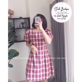 Đầm caro cổ u tay phồng