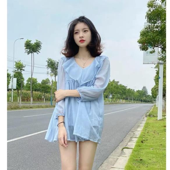 Ảnh thật - Áo kiểu bánh bèo voan lụa 2 lớp màu xanh dương