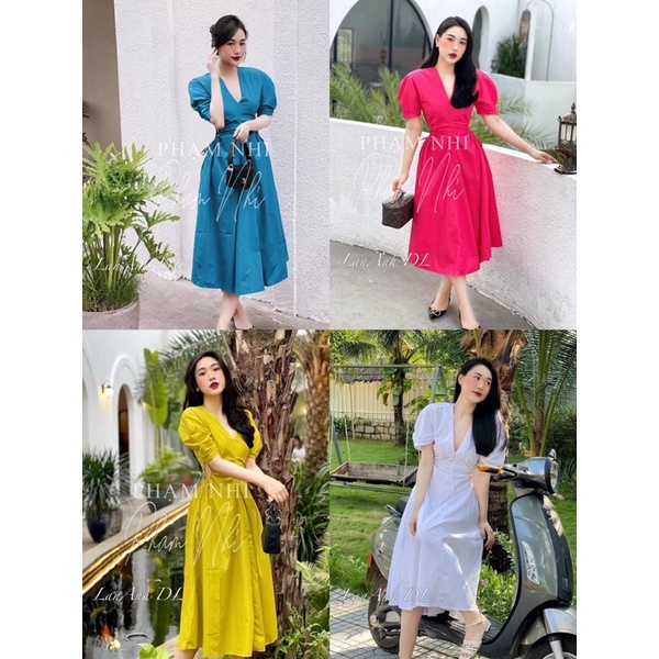 Váy maxi thết kế tay bồng, khoét eo dây rút phong cách nữ tính với 4 màu thời thượng