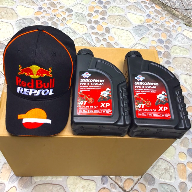 Combo Nón Kết Red Bull - Nhớt Fuchs Silkolene Pro 4 5w-40 và 10w-40 Mẫu Tem Châu Âu Made in UK