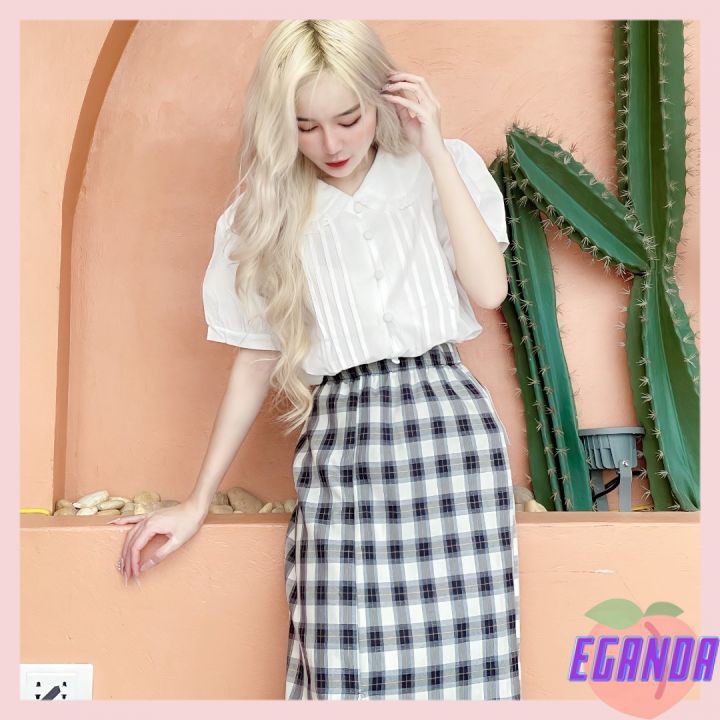Áo sơ mi nữ trắng cộc tay bồng, cúc bọc cổ sen, Áo sơ mi trắng cộc tay cúc bọc cổ bèo ngắn tay bo