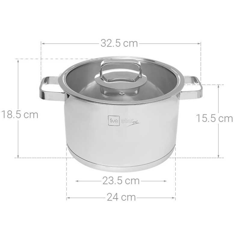 Nồi thân cao 3 đáy inox 304 Fivestar Plus bếp từ quai vuông nắp kính ( 16cm / 18cm / 20cm / 24cm )