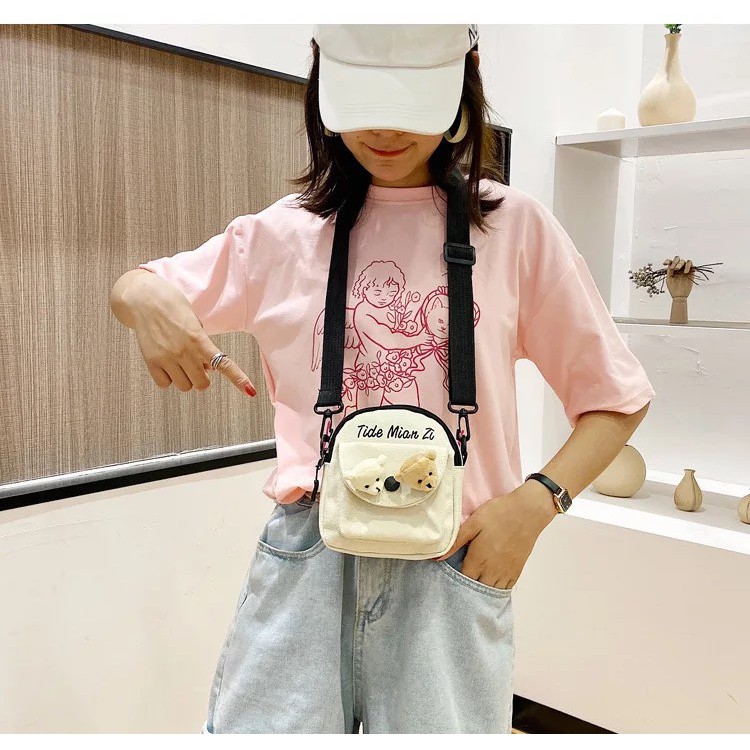 Túi vải đeo chéo kèm gấu ( sticker) thời trang giá rẻ BAG U GAU06