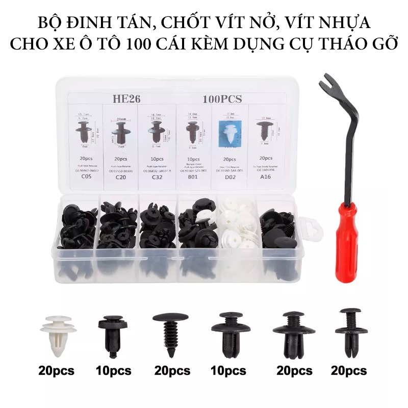 [Mã LIFEAUMAY giảm 10% tối đa 30k đơn 150k] Bộ 100 Loại Ốc Chốt Và Nở Nhựa Cho Ô Tô, Xe Máy Kèm Dụng Cụ