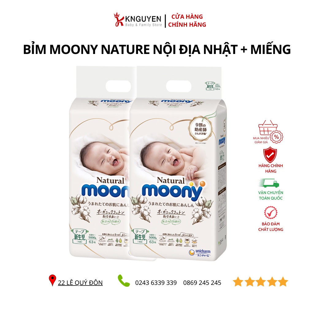 Tã/Bỉm Moony Natural nội địa Nhật Bông Organic - Dán/quần NB63/S58/M46/L38/L36/XL32