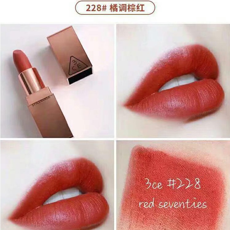 SON 3CE MATTE LIP COLOR VỎ VÀNG MÀU 228 RED SEVENTIES – MÀU ĐỎ TRẦM PHA CAM HỒNG
