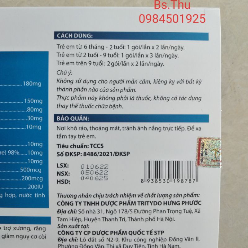 Tydokid Kalkao TOPCAN Canxi apatit hộp 18 gói Canxi Tritydo bổ sung Calci, MK7, vitamin và khoáng chất cho cơ thể