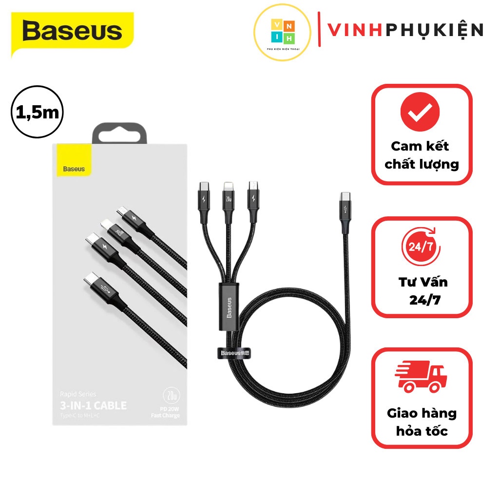 Cáp sạc nhanh baseus 3 đầu IP20w Typec 3.0A Micro 2.4A hỗ trợ truyền dữ liệu dây bọc dù chống gãy gập