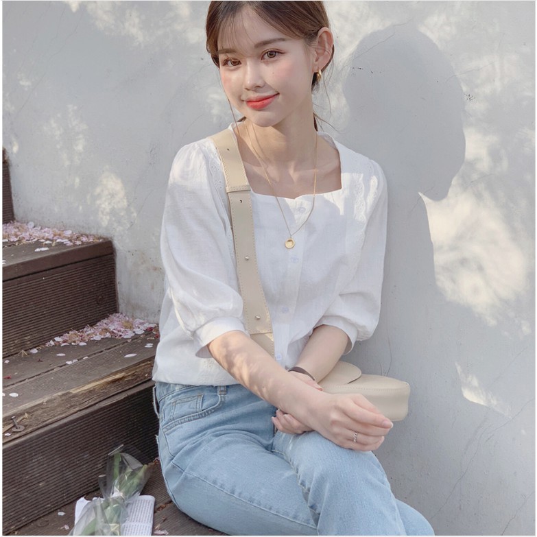 SUXI Áo sơ mi tay ngắn họa tiết thêu theo phong cách Hàn Quốc