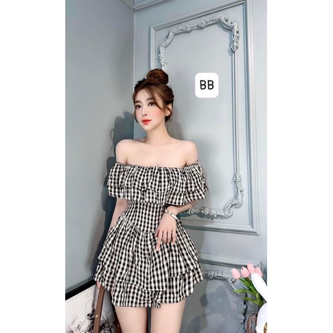 (XẢ HÀNG) Váy trễ vai kẻ xếp tầng tiểu thư bánh bèo quảng châu