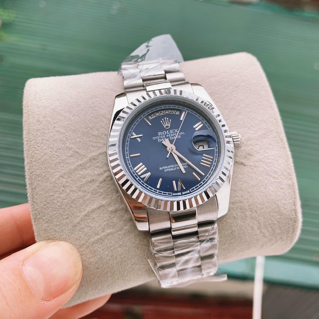 Đồng hồ Nam Rolex day date máy nhật dòng cơ Automatic mặt size 41mm số la mã mặt xanh vỏ trắng